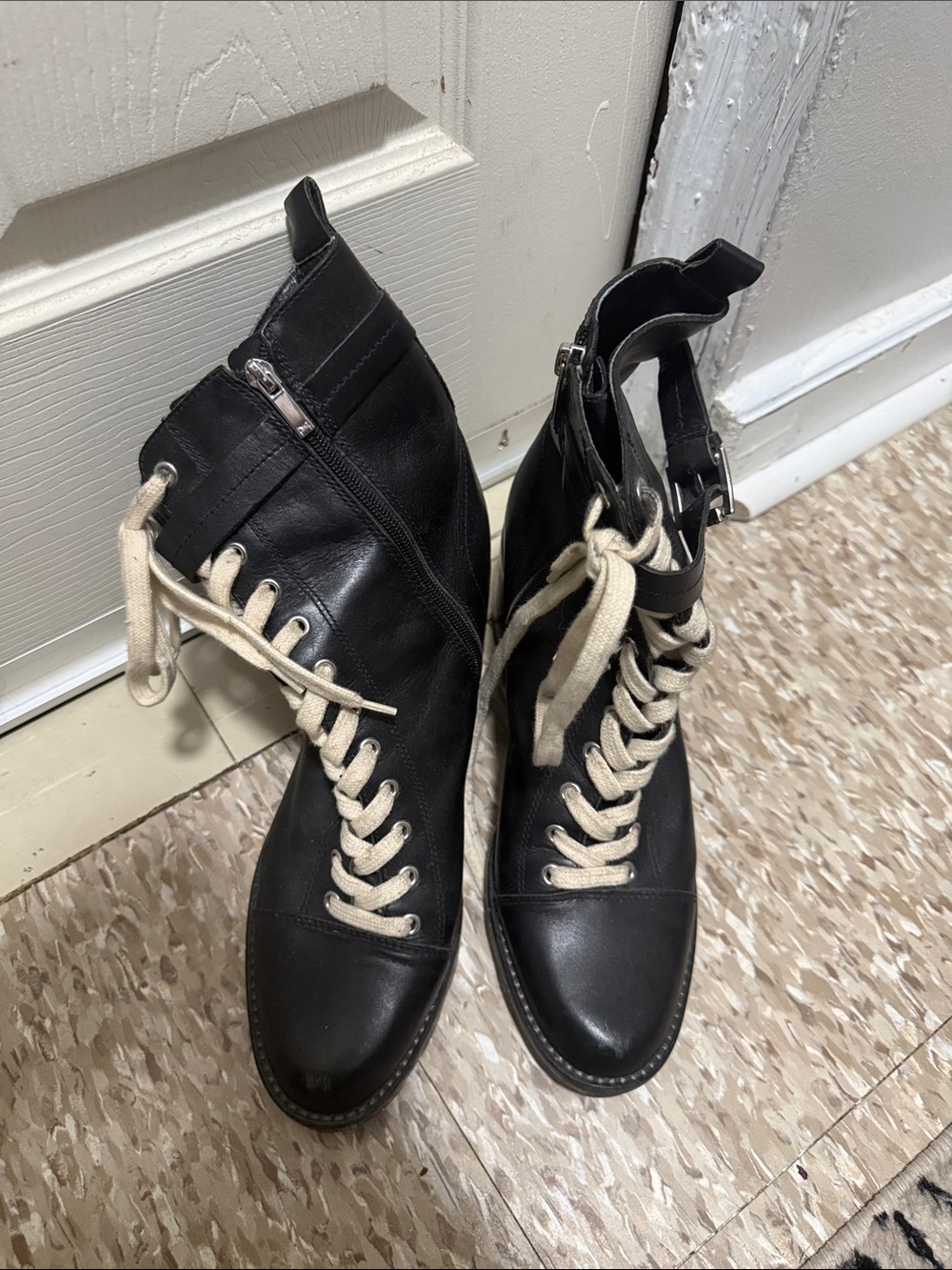 Marc fisher Black Lace-Up Ankle Boots with Cream Laces